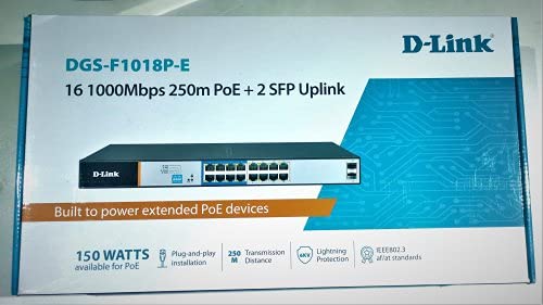 DGS-F1018P-E 18-Port Gigabit PoE Switch with 16 PoE+ Ports (8 Long Reach 250m) and 2 Uplinks with Combo SFP. PoE budget 150W.