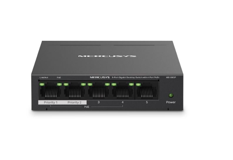 [MS105GP] MS105GP Mercusys  5-Port Gigabit Desktop Switch with 4-Port PoE+, 10/100/1000 Mbps RJ45 ports, Up to 250 m