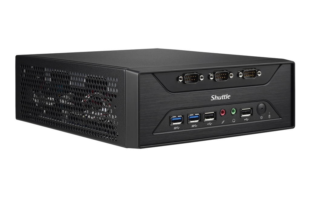[887993001104] 887993001104 Shuttle XC60J Slim Mini PC 3L Barebone-Celeron J3355, Fan-less, 8x RS232(RS422/485), 3.5" HDD/SSD bay, LAN, HDMI, VGA, 2x DDR3L, M.2 2280, 65W adapter