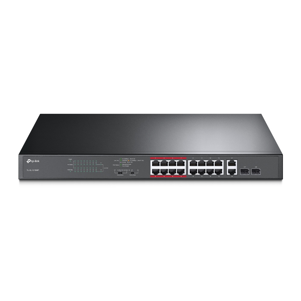 [6935364099824] 6935364099824 TP-Link TL-SL1218MP 16-Port 10/100Mbps PoE+ Switch, 16 10/100Mbps RJ45 Ports, 2 Gigabit RJ45 Ports, 2 Combo SFP Slots, 802.3at/af, 192W PoE Power, 1U