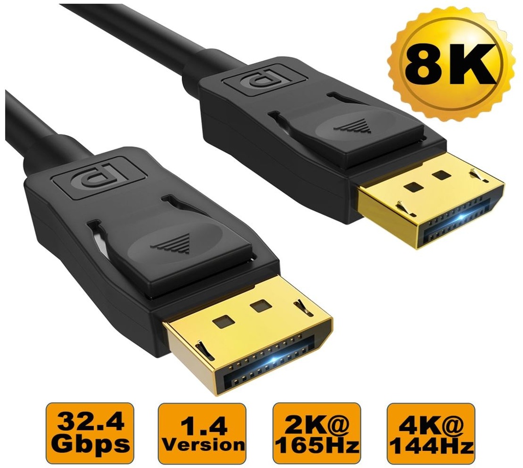 [9341756019993] 9341756019993 8Ware 3m Ultra 8K DisplayPort DP1.4 Cable - Male to Male Gold Plated 7680x4320 8K@60Hz 4K@144Hz 32.4Gbps UHD QHD FHD HDP HDCP HDTV HDR 28AWG