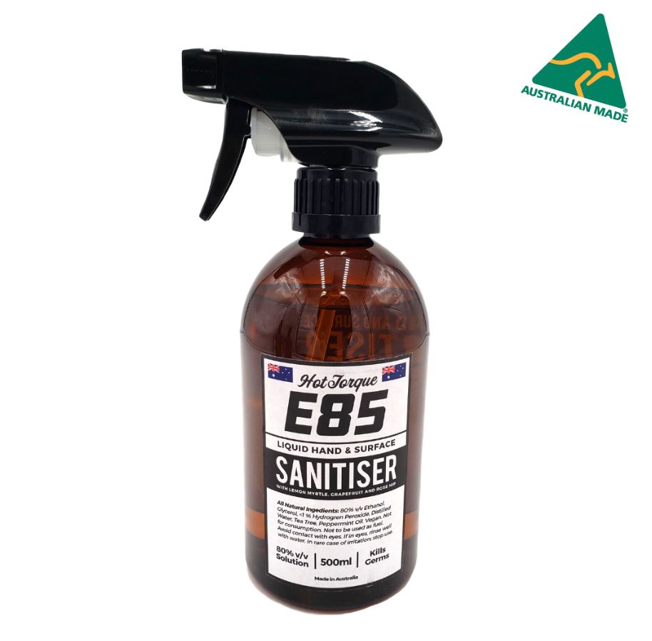 [888088808868] 888088808868 HotTorque E85 Hand  Surface Sanitiser 500ml, 80% Ethanol, 100% Australian Made, WHO  TGA Standard, Natural Ingredients, Tea Tree  Peppermint Oil