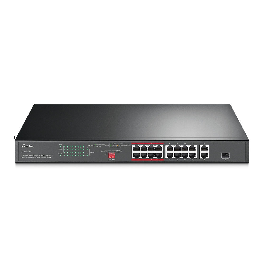 [6935364052829] 6935364052829 TP-Link TL-SL1218P 16-Port 10/100 Mbps + 2-Port Gigabit Rackmount Switch with 16-Port PoE+, Up to 150W for all PoE ports, Up to 30W for each PoE port
