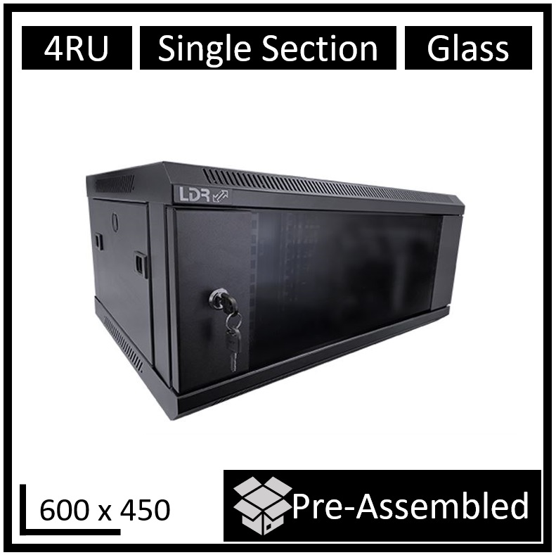 [SS450-4U-A] SS450-4U-A LDR Assembled 4U Wall Mount Cabinet (600mm x 450mm) Glass Door - Black Metal Construction - Top Fan Vents - Side Access Panels