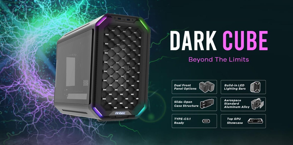 [761345800341] 761345800341 Antec Dark Cube M-ATX, Dual Front Panel, Slide Open Structure, USB-C, LED Light Bars, Aluminum Alloy, 14CM ARGB x 2, 12CM x 1 installed  Gaming Case