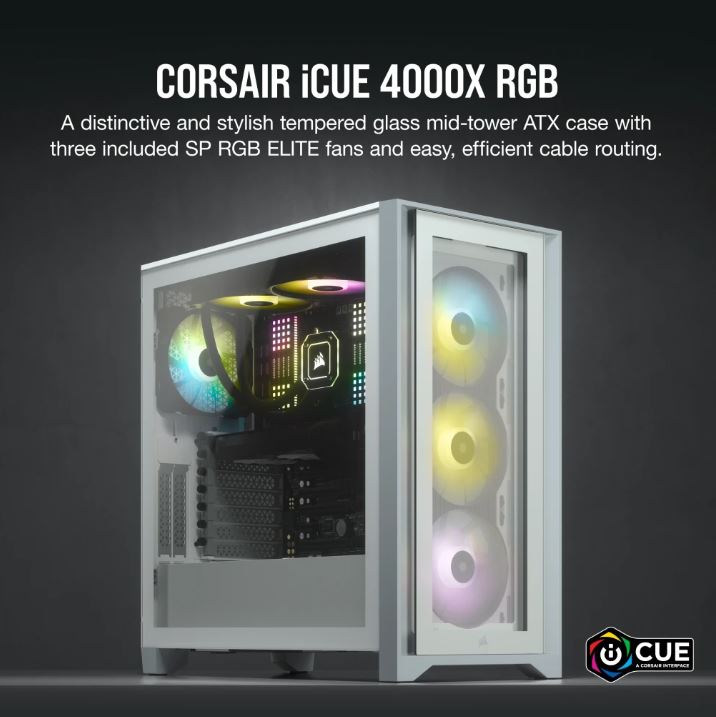 [840006626657] 840006626657 Corsair Carbide Series 4000X RGB E-ATX, ATX, Tempered Glass Front  Side. White,3x 120mm RGB Fans pre-installed. USB 3.0 and Type-C x 1. PCI 7+2, Case