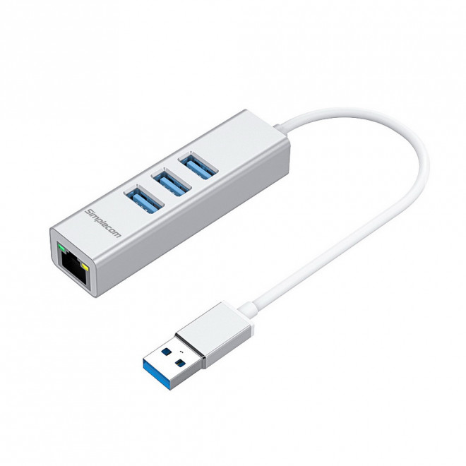[9350414001966] 9350414001966 Simplecom CHN420 Silver Aluminium 3 Port SuperSpeed USB HUB with Gigabit Ethernet Adapter