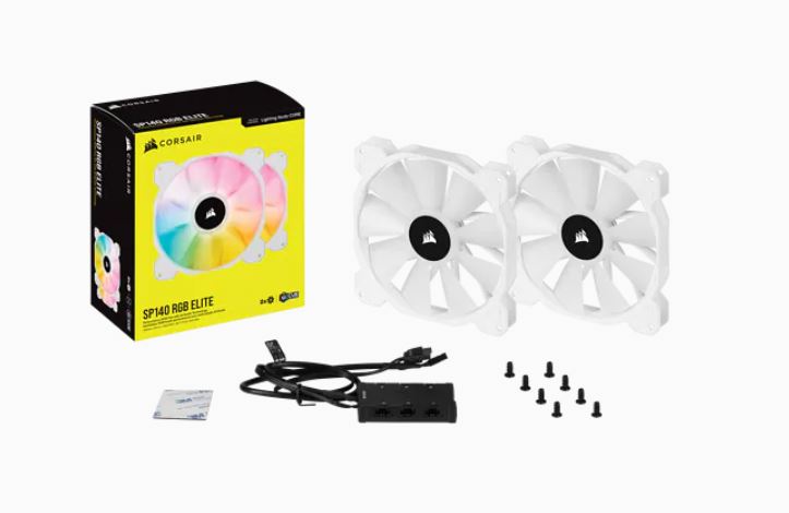 [840006637790] 840006637790 Corsair White SP140 RGB ELITE, 140mm RGB LED Fan with AirGuide, 68 CFM, Dual Pack with Lighting Node CORE