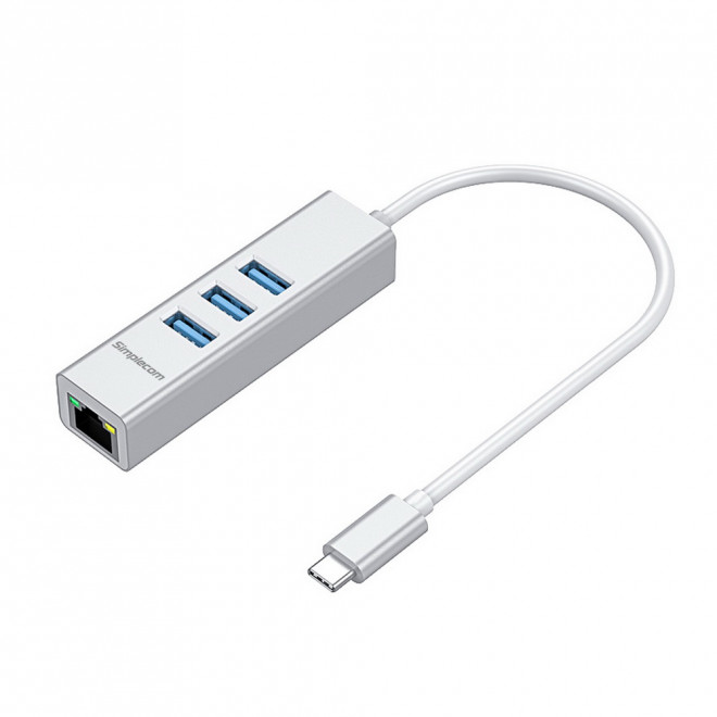 [9350414001980] 9350414001980 Simplecom CHN421 Silver Aluminium USB-C to 3 Port USB HUB with Gigabit Ethernet Adapter