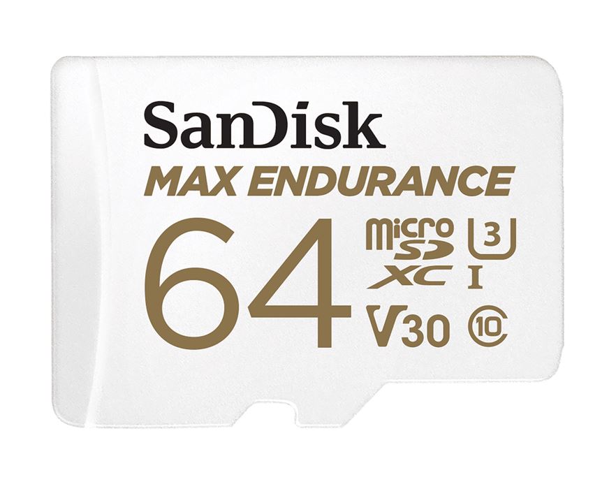 619659178505 SanDisk Max Endurance 64GB microSD 100MB/s 40MB/s 20K hrs 4K UHD C10 U3 V30 -40°C to 85°C Heat Freeze Shock Temperature Water X-ray Proof SD Adapter