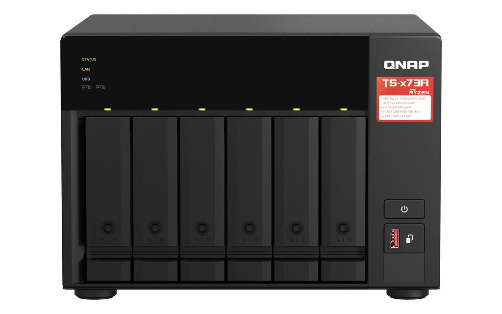 [4713213518830] 4713213518830 QNAP TS-673A-8G 6 Bay NAS AMD Ryzen™ Embedded V1500B quad-core 2.2 GHz 8G DDR4 2xM.2 2280 PCIe Gen3 x1 slots 2x2.5 GEl 3xUSB3.2 Hot-swappable 3YR WTY