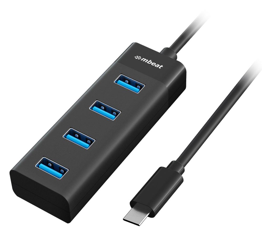 [9346396003043] 9346396003043 mbeat® USB-C to 4-Port 3.0 Hub - Black USB 3.0 transfer speeds up to 5Gbps Material: ABS Plastic Cable Length: 200mm Weights: 36g