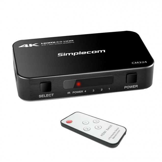 [9350414001287] 9350414001287 Simplecom CM324 4 Way HDMI 2.0 Switch 4 IN 1 OUT Ultra HD 4K 60Hz HDR HDCP 2.2