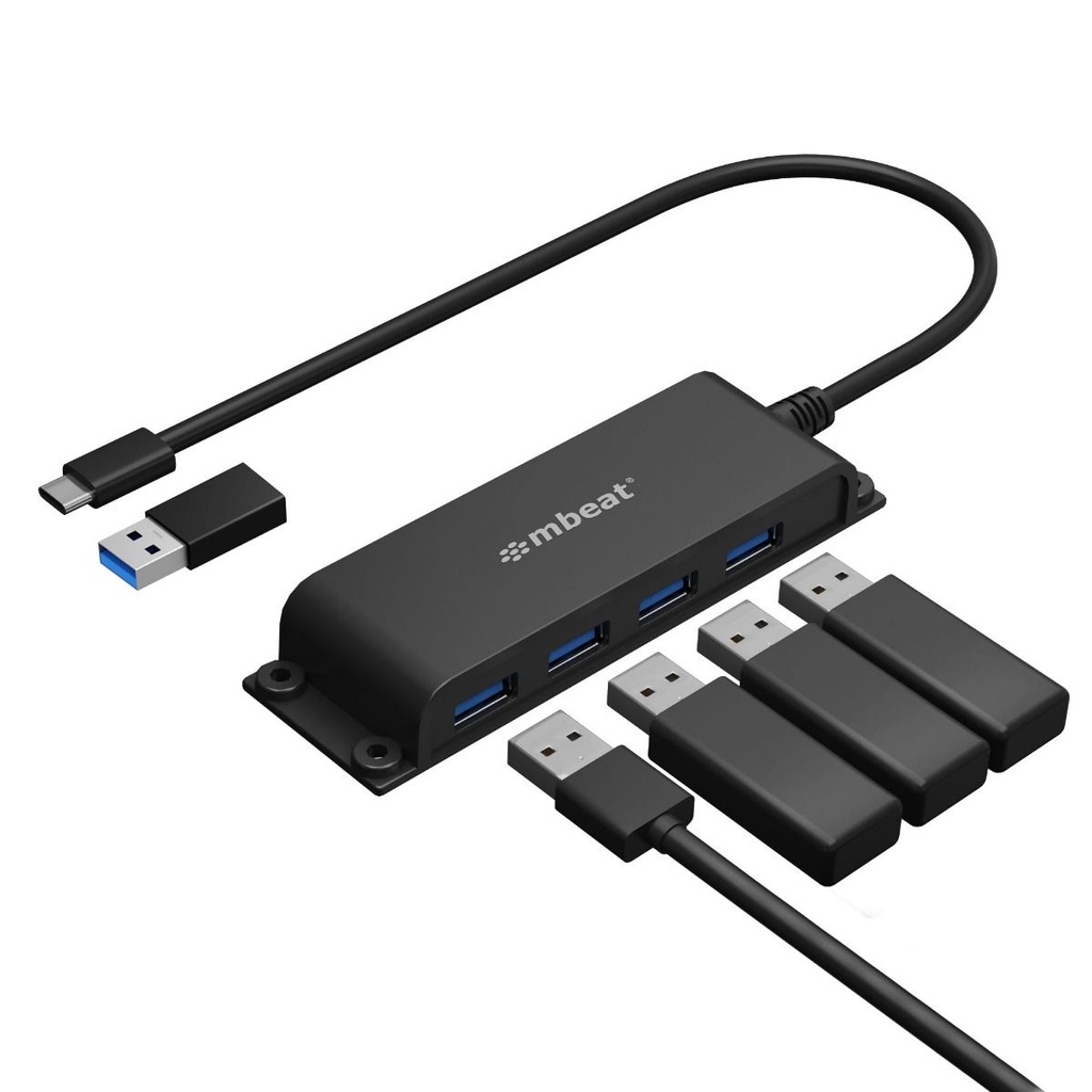 [9346396003333] 9346396003333 mbeat® Mountable 4-Port USB-A  USB-C Adapter Hub - 60cm Data Cable, USB 3.0, 2.0 High-Speed Data Port Expansion, Save Space Mounting Solution