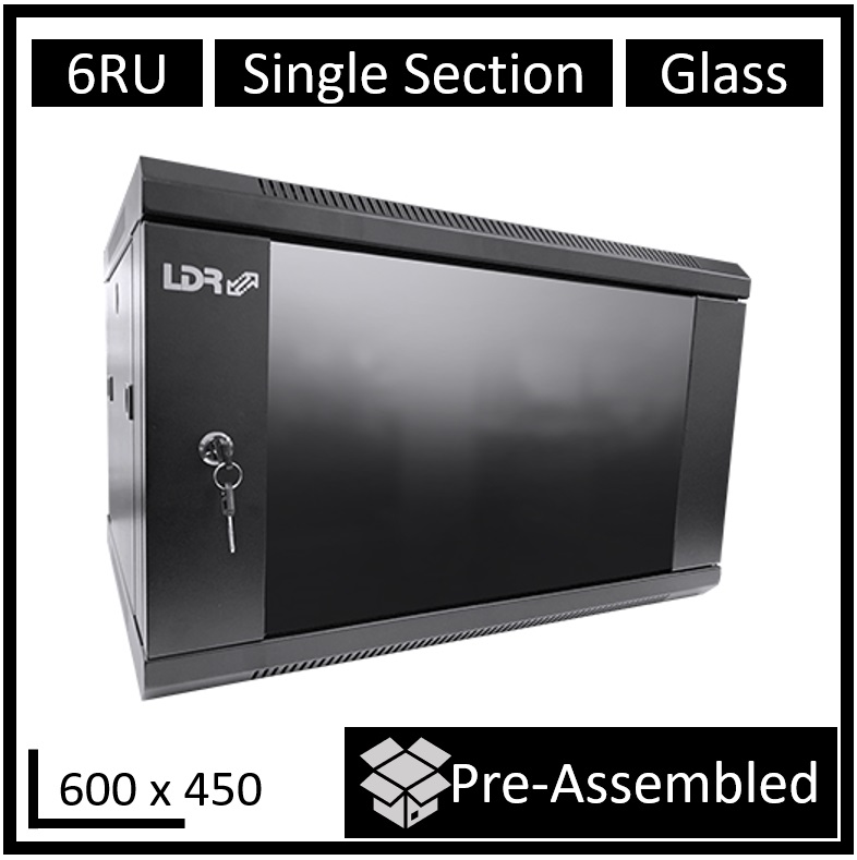 [SS450-6U-A] SS450-6U-A LDR Assembled 6U Wall Mount Cabinet (600mm x 450mm) Glass Door - Black Metal Construction - Top Fan Vents - Side Access Panels