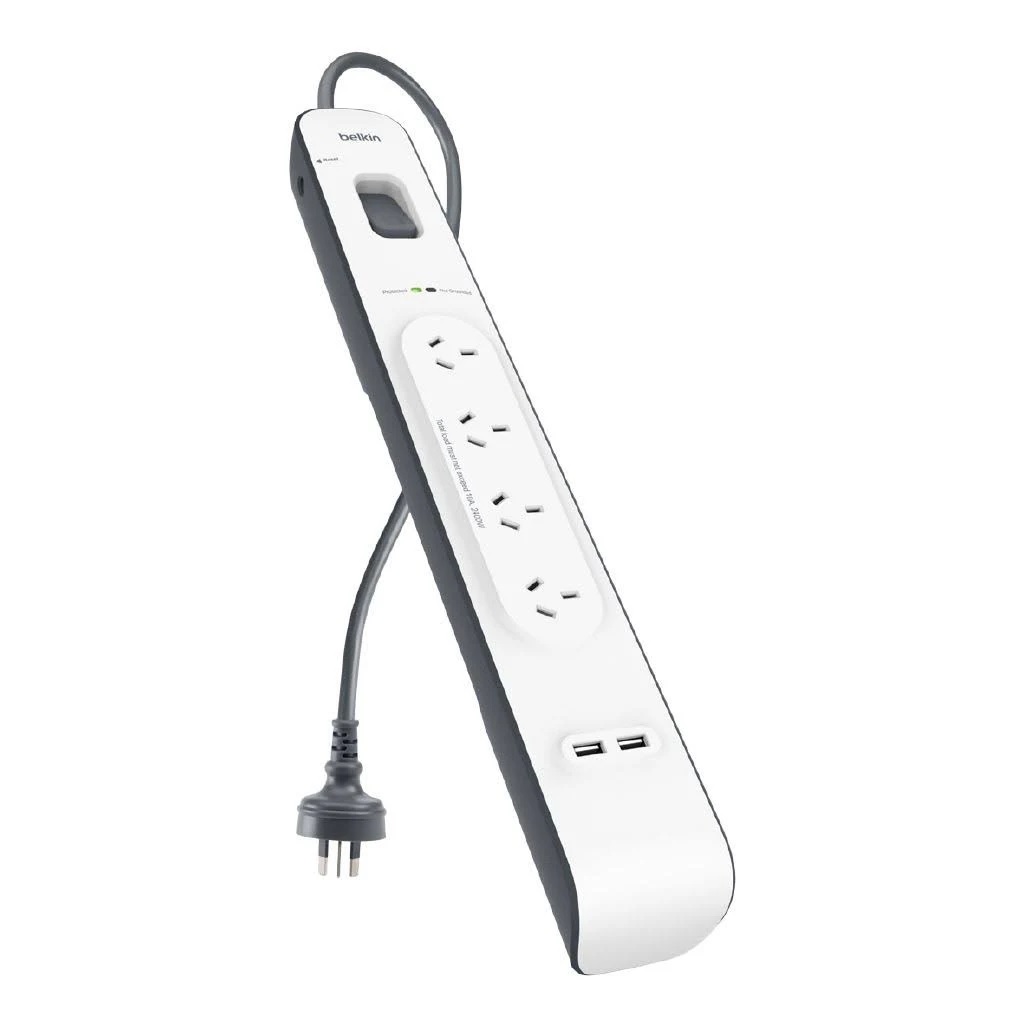 [745883650965] 745883650965 Belkin BSV401 4-Outlet 2-Meter Surge Protection Strip with two 2.4 amp USB charging ports, Complete Three-line AC protection, CEW $20,000, Power Board