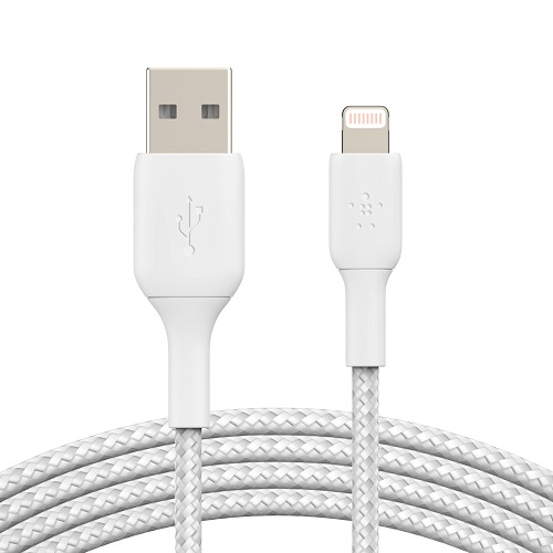 [745883788736] 745883788736 Belkin BoostCharge Braided Lightning to USB-A Cable (1m/3.3ft) - White (CAA002bt1MWH), 480Mbps, 10K+ bend, Apple iPhone / iPad / Macbook, 2YR
