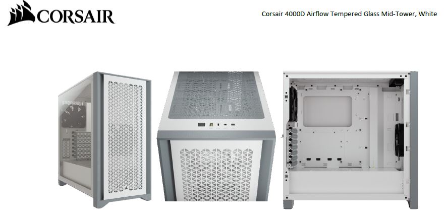 840006621928 Corsair Carbide Series 4000D Airflow ATX Tempered Glass White, 2x 120mm Fans pre-installed. USB 3.0 x 2, Audio I/O. Case