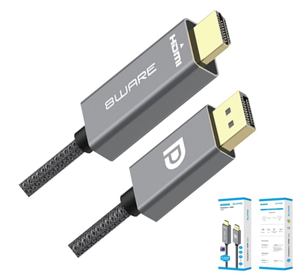 [754523500317] 754523500317 8ware 1m DisplayPort DP to HDMI Male to Male Adapter Converter Cable Retail Pack 1080P Nylon Braide for Video Card PC Notebook to Monitor Projector TV