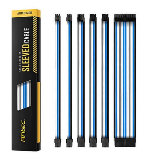 761345999489 Antec PSU -  Sleeved Extension Cable Kit V2 - Blue / White / Black . 24PIN ATX, 4+4 EPS, 8PIN PCI-E, 6PIN PCI-E, Compatible with Standard PSU (LS