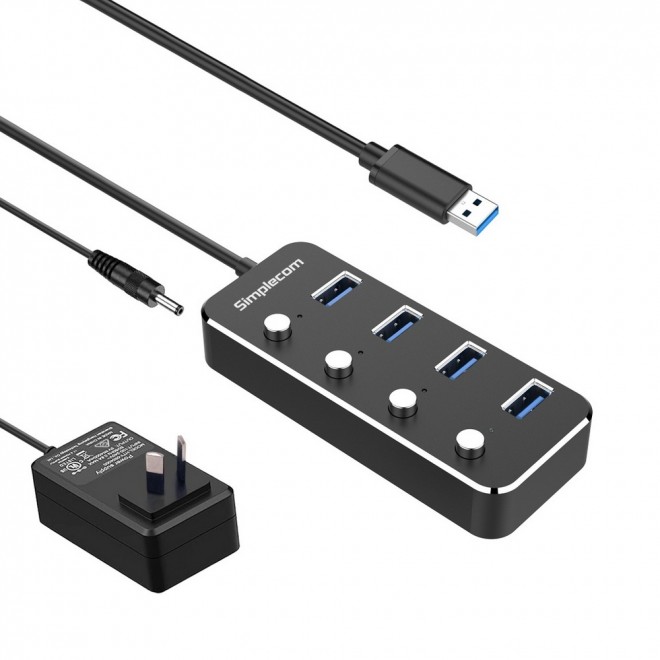 [9350414002574] 9350414002574 (LS) Simplecom CH345PS Aluminium 4-Port USB 3.0 Hub with Individual Switches and Power Adapter