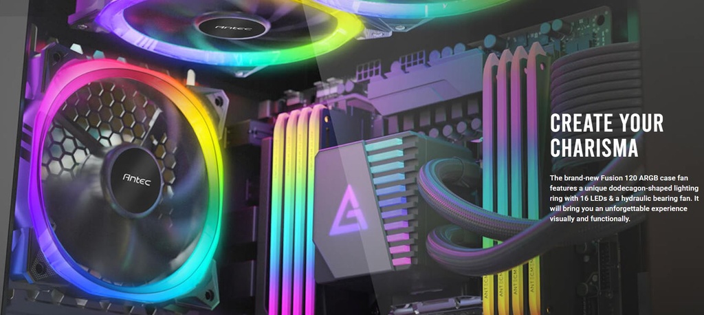 [761345570107] 761345570107 Antec Fusion 3x 120mm ARGB PWM HB Fan + ARGB Controller, 57.93 CFM, AP 2.11, Noise Level 31.21. Woven Cable, PMW Daisy Chain design, 3 Yrs Wty