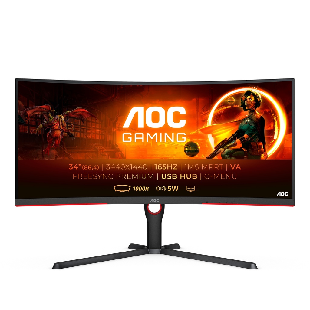 [4717385945876] 4717385945876 AOC 34" VA, WQHD (21:9) 3440X1440, Curved 1000R, 1ms, 165Hz 300nits, 2H, 2DP, USB 3.2 Gen1 X4, Height Adjustable Stand, 5W SPK, VESA 100X100mm (LS)