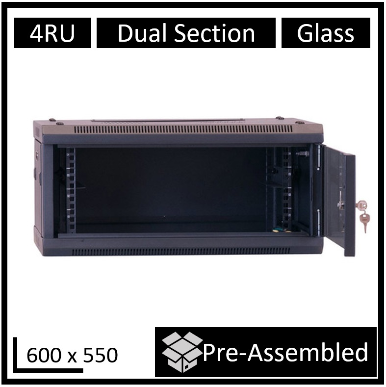 [DS550-4U-A] DS550-4U-A LDR Assembled 4U Hinged Wall Mount Cabinet (600mm x 550mm) Glass Door - Black Metal Construction - Top Fan Vents - Side Access Panels