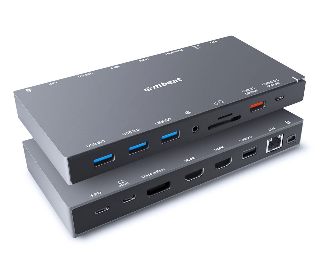 9346396003401 mbeat 15-in-1 Triple Display USB-C Docking Station 2x HDMI 1x DP 1x 100W PD 3.0 1x USB-C 3.1 Gen2 3x USB 3.0 1x USB 3.1 Gen2 MicroSD/SD Card 1x 1Gb