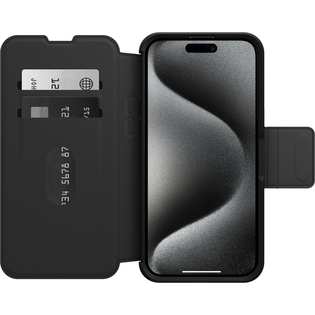 [840304739271] 840304739271 OtterBox Strada MagSafe Apple iPhone 15 Pro Max (6.7") Case Shadow (Black)-(77-93568),DROP+ 3X Military Standard,Leather Folio Cover,7 Years Warranty