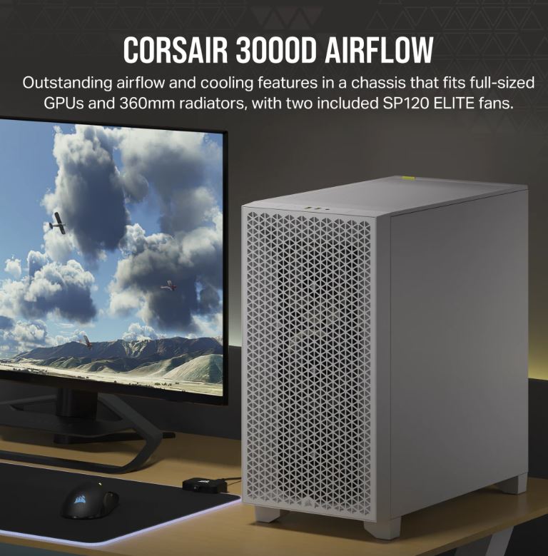 [840006610632] 840006610632 Corsair Carbide Series 3000D Solid Steel Front ATX Tempered Glass White, 2x 120mm Fans pre-installed. USB 3.0 x 2, Audio I/O. Case