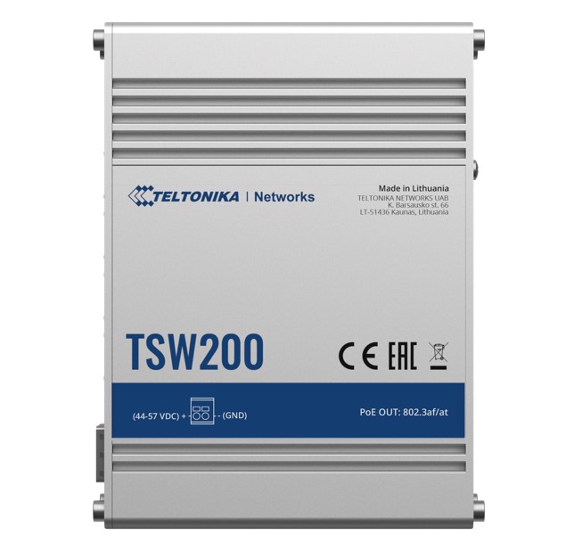 [4779051840120] 4779051840120 Teltonika TSW200 Industrial PoE+ Ethernet Switch, 2x SFP Ports, 8x PoE+ Ports with speeds up to 1000 Mbps, Power Up to 240 W, PSU excluded