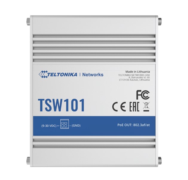 [4779051840113] 4779051840113 Teltonika TSW101 Automotive POE+ Switch, 4x PoE Ports, 5 x Gigabit Ethernet Ports with speeds of up to 1000 Mbps, PSU excluded