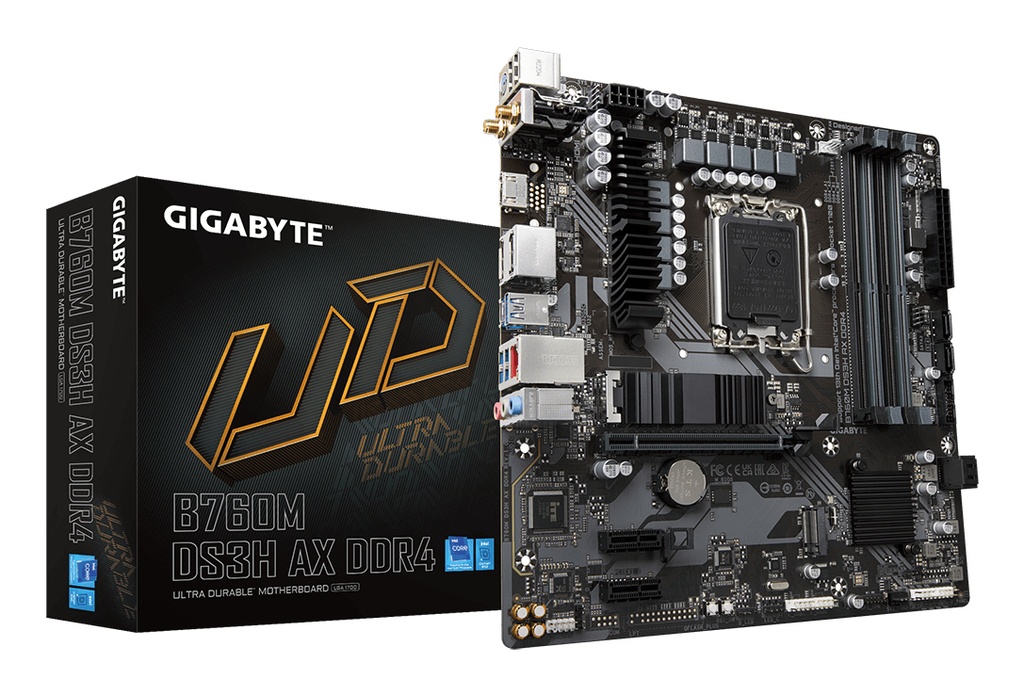 [4719331850869] 4719331850869 Gigabyte B760M DS3H AX DDR4 Intel LGA 1700 m-ATX Motherboard, 4x DDR4 ~128GB, 1x PCI-E x16, 1x PCI-E x1, 2x M.2, 4x SATA, 3x USB 3.2, 2x USB 2.0, 1x T