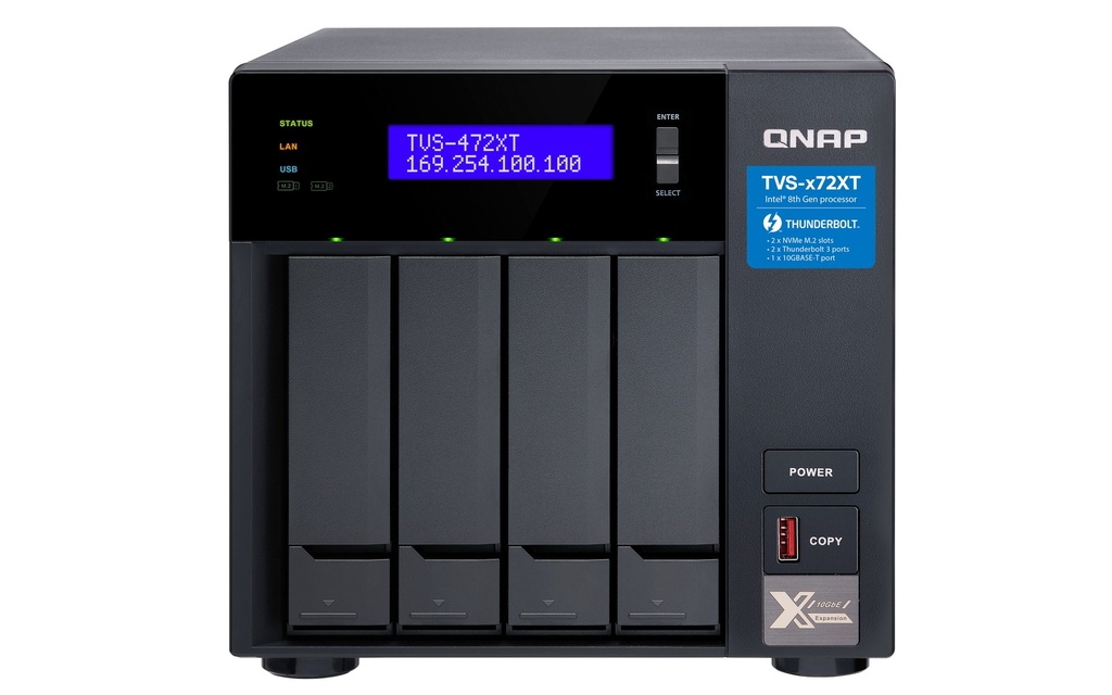 [4713213519318] 4713213519318 QNAP TVS-472XT-I3-4G 4Bay NAS Intel I3 4GB DDR4 2xSlot 2Xm.2 2280 PCle Hot-swappable 2xGbE 1x10GBASE-T WOL 2xThunderbolt Port 2xPCle 2xUSB3.2yr WTY