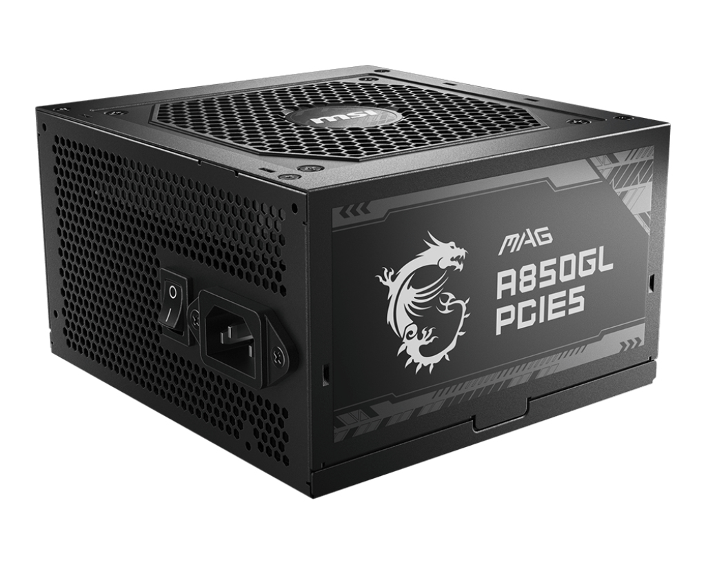 4711377084253 MSI MAG A850GL PCIE5 850W Up to 90% (80 Plus Gold) ATX Power Supply Unit, PFC, 100~240 VAC, 850W, 47-63Hz, PCI-E, SATA, FDD