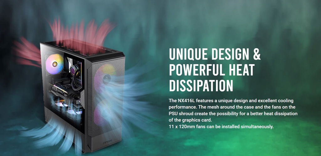 [761345100021] 761345100021 Antec NX416 Mesh ATX. USB-C x1, USB 3.0 x. 2x ARGB 160mm + 1x ARGB 120mm Fans. LED  PWM Controller. SSD Storage, Cable Routing, Black Gaming Case (LS