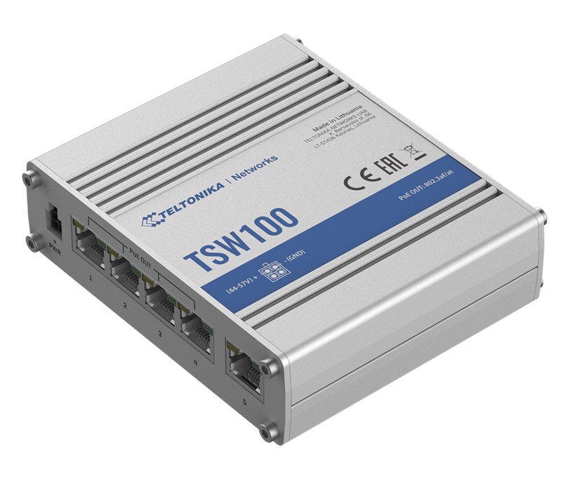 4779027312828 Teltonika TSW100 Industrial POE+ Ethernet Switch, 4 x PoE+ Ports, Power Up to 120W, 5 x Gigabit Ethernet with speeds up to 1000 Mbps, PSU included