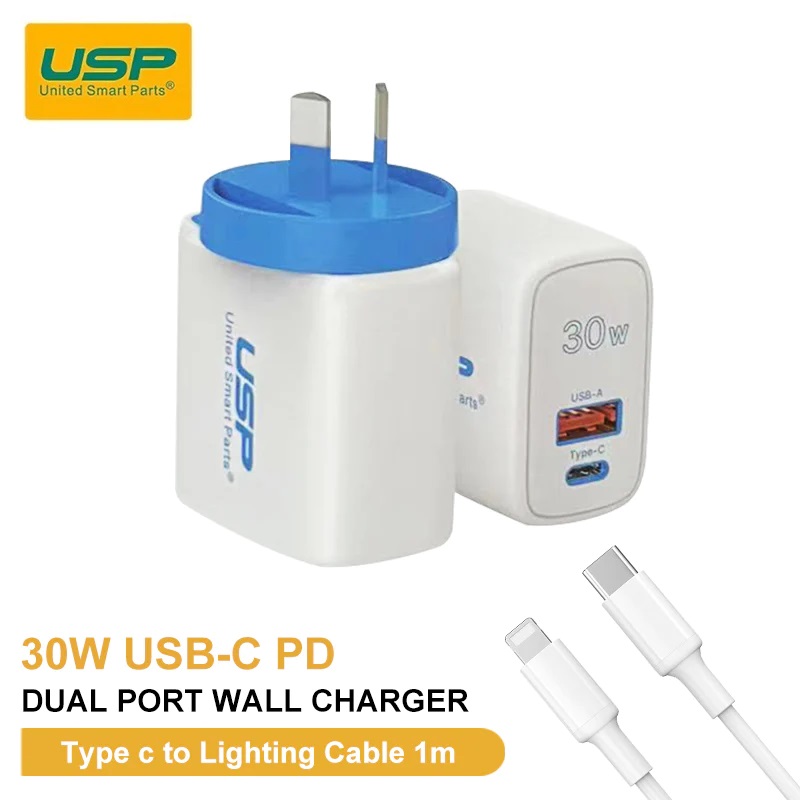 [6972475750480] 6972475750480 USP 30W Dual Ports (USB-C PD + USB-A QC3.0) Fast Wall Charger + Lightning Cable (1M) -Safe Charge,Compact,Travel Ready,Charge 2 Devices Simultaneously