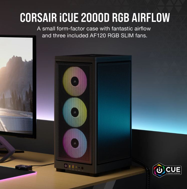 [840006698739] 840006698739 Corsair iCUE 2000D RGB AIRFLOW - Mesh Panels, USB-C, 3x AF120 RGB Slim Fans, ICUE, Mini ITX Tower - Black. Case,