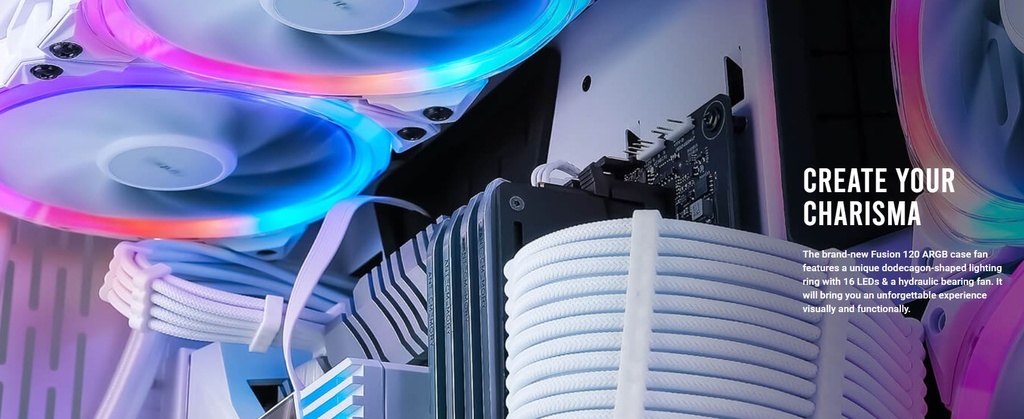 [761345570053] 761345570053 Antec Fusion 5x 120mm ARGB PWM HB white Fans + ARGB Controller, 57.93 CFM, AP 2.11, Noise Level 31.21. Woven Cable, PMW Daisy Chain design, 3 Yrs Wty