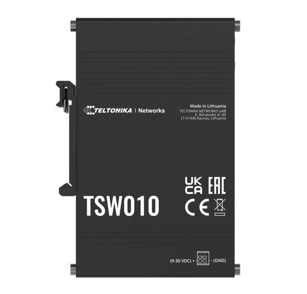 [4779051840274] 4779051840274 Teltonika TSW010 DIN Rail Ethernet Switch, 5x Ethernet Ports with speeds of up to 100 Mbps, Integrated DIN Rail Bracket, Plug and Play, PSU excluded