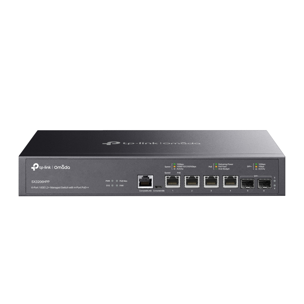 [6935364006617] 6935364006617 TP-Link SX3206HPP Omada JetStream 6-Port 10GE L2+ Managed Switch with 4-Port PoE++, 4× 10G PoE++ Ports, 2× 10G SFP+ Slots, RJ45/Micro-USB Console Port
