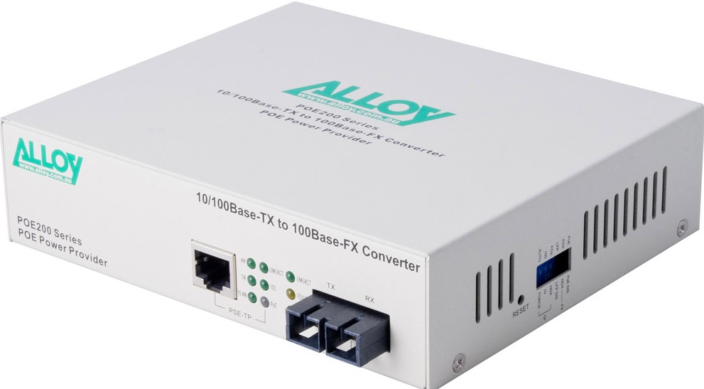 [NHA-POE200SC] NHA-POE200SC Alloy POE200SC PoE PSE Fast Ethernet Media Converter, has a 10/100Mbps PoE RJ-45 port and a SC terminated multimode fibre port