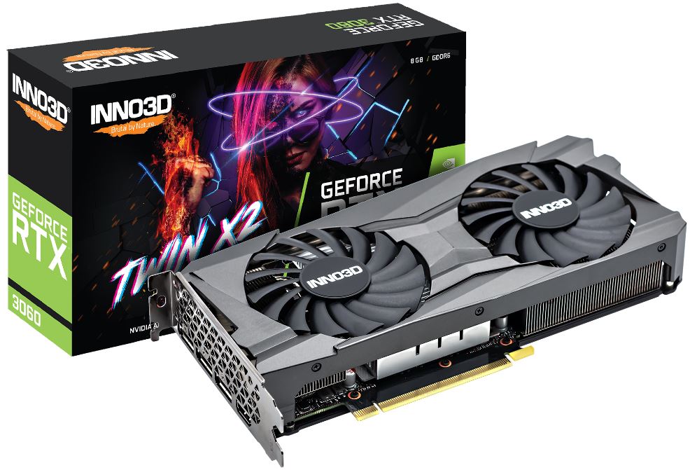 [835168003019] 835168003019 INNO3D nVidia GeForce RTX 3060 TWIN X2 8GB GDDR6 GPU, 1777MHz Boost Clock, 3xDP, 1xHDMI, LHR, 240x120mm x 2-slot (3060)