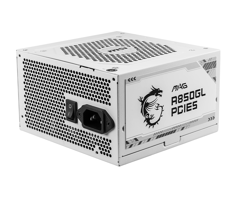 4711377115391 MSI MAG A850GL PCIE5 WHITE 850W Up to 90% (80 Plus Gold) ATX Power Supply Unit, PFC, 100~240 VAC, 850W, 47-63Hz, PCI-E, SATA, FDD