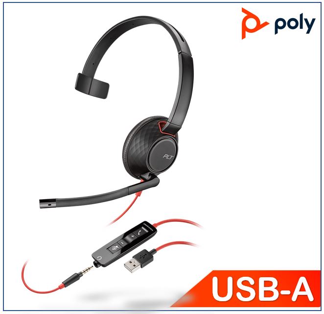 [17229173330] 17229173330 Plantronics/Poly Blackwire 5210 Headset USB-A, 3.5mm corded, Monaural, Noise canceling, Dynamic EQ, SoundGuard, Call control, Leatherette earcups