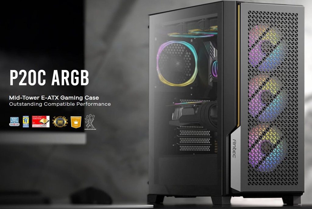 [761345801072] 761345801072 Antec P20C ARGB, ATX, E-ATX, High Airflow, USB-C, Cable management, 4x HDD/SSD , 375mm GPU, 170mm CPU, 3x ARGB PWM 12CM,Fan Control, Gaming Case