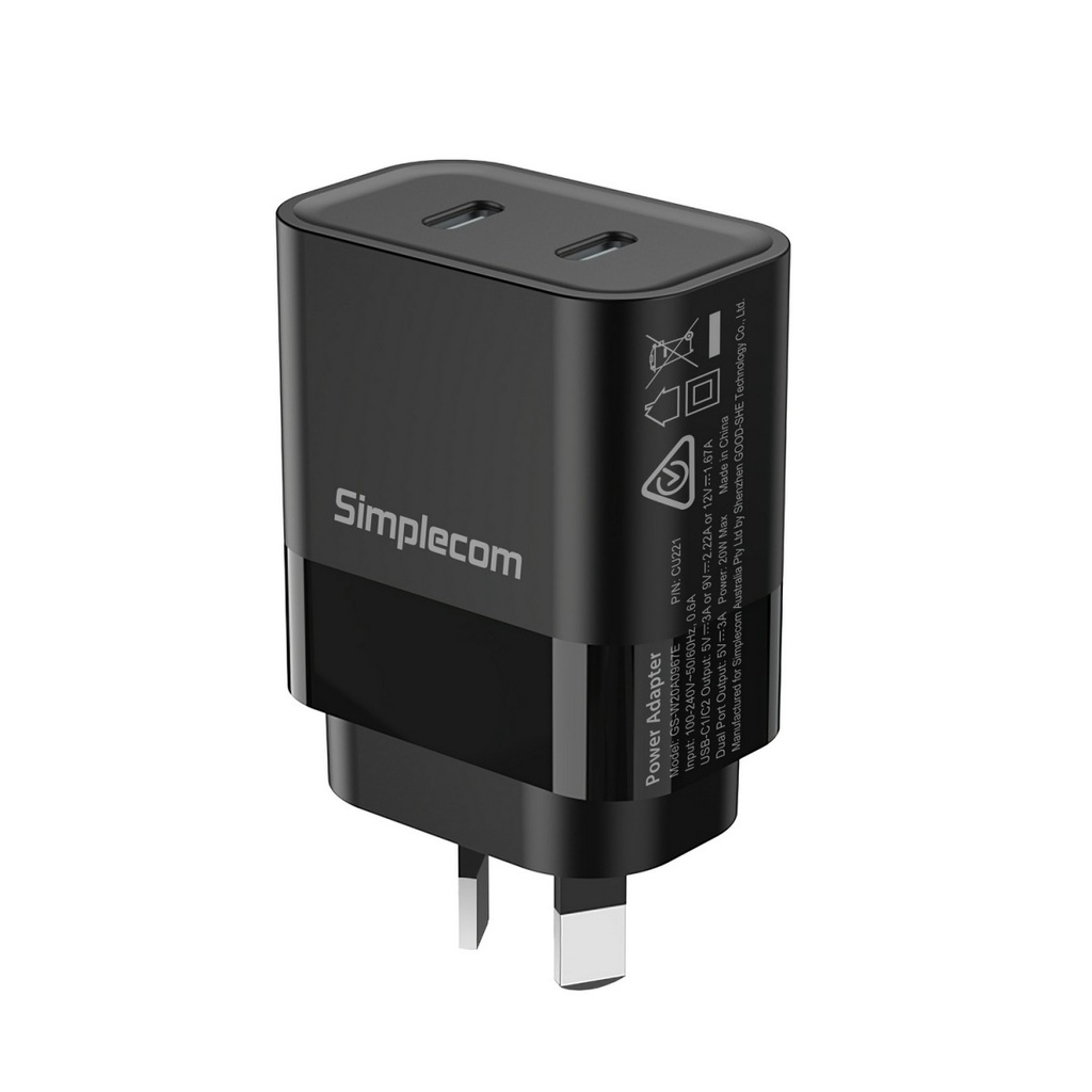 [9350414003120] 9350414003120 Simplecom CU221 Dual USB-C Fast Wall Charger PD 20W for Phone Tablet