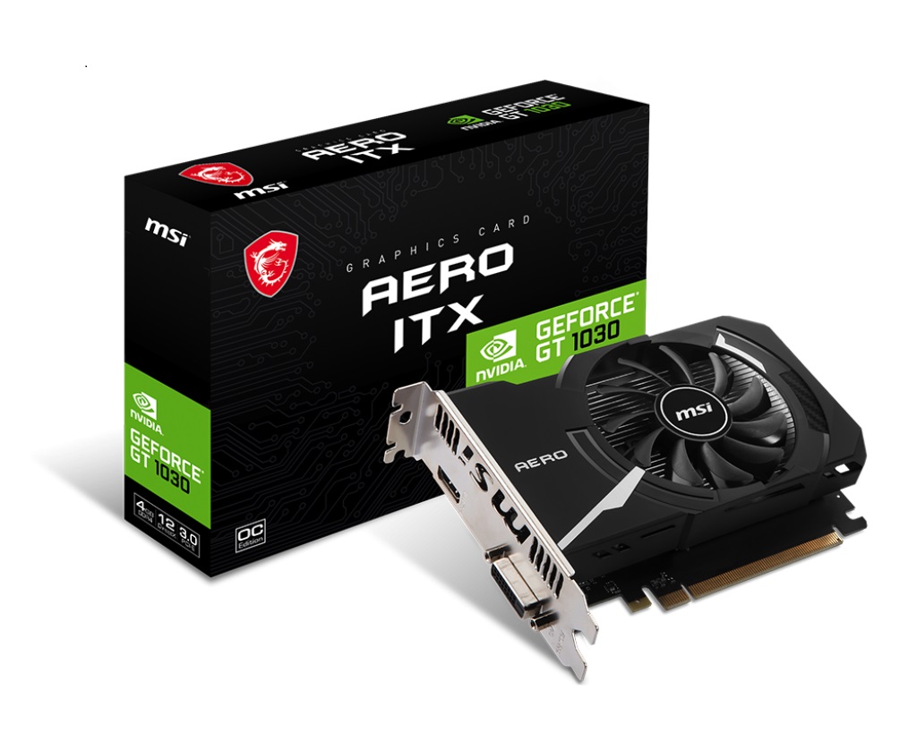 4711377107556 MSI nVidia GeForce GT 1030 AERO ITX 4GD4 OC Video Card, PCI-e 3.0, 1430 MHz Boost Clock, 1x HDMI 2.0 1x DVI